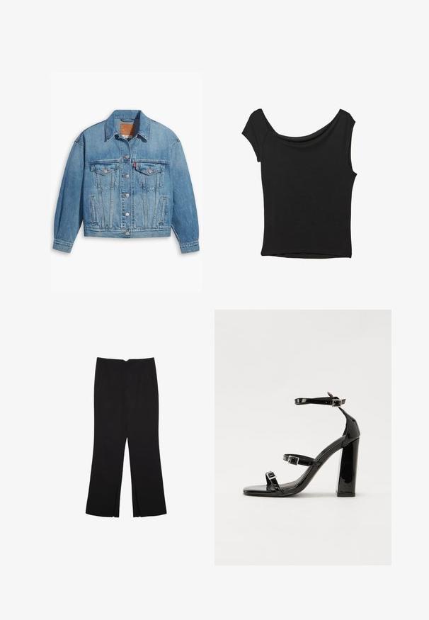 Vaaleansininen farkkutakki, jossa on klassinen muotoilu, napit edessä ja kaksi rintataskua. Ominaisuuksiin kuuluu terävä kaulus ja hieman ylipitkät hihat.; Musta lyhythihainen paita, joka on valmistettu sileästä kankaasta; siinä on laskeutuva kaula-aukko ja epäsymmetrinen helma, sekä istuva malli.; Mustat housut suoralinjaisella leikkauksella, joissa on etutaskut ja sivurei'ät helman alla. Valmistettu pehmeästä ja sileästä kankaasta. Sopii eri tilaisuuksiin.; Musta kiiltävä korkokenkä sandaalit neliönmuotoisella varpaalla, nilkkaremmillä ja hopeisilla soljilla. Varustettu tukevalla lohkokorkealla vakauden takaamiseksi.