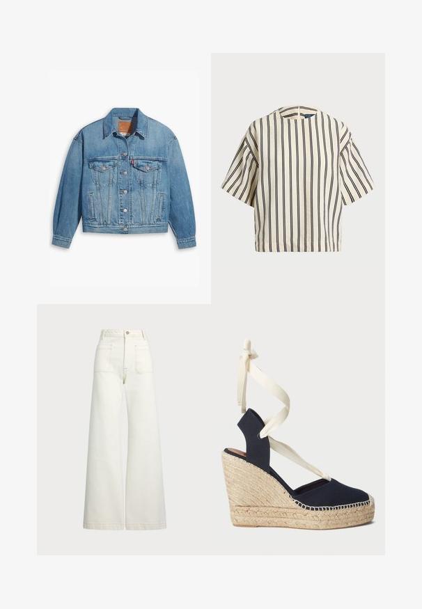 Šviesiai mėlynas džinsinis švarkas su klasikiniu dizainu, sagų priekyje ir dviem krūtinės kišenėmis. Turi smailų apykaklę ir šiek tiek per dideles rankoves.; Kreminės ir tamsiai mėlynos juostelės trumpų rankovių marškinėliai, turi apvalų iškirpimą ir dėžutės tipo dizainą, pagaminti iš tekstūruotos medžiagos.; Plati kojinės džinsai of white denimo. Aukštas liemuo, su mygtuko uždarymu, dviem priekinėmis kišenėmis ir kontrastingai siuvinėjimu.; Laivyno mėlynos drobinės pakulnės šlepetės su espadrilės virve ir grietinėlės spalvos kaspinais aplink kulkšnį. Uždara kulniuko ir apvalios noselės dizainas.