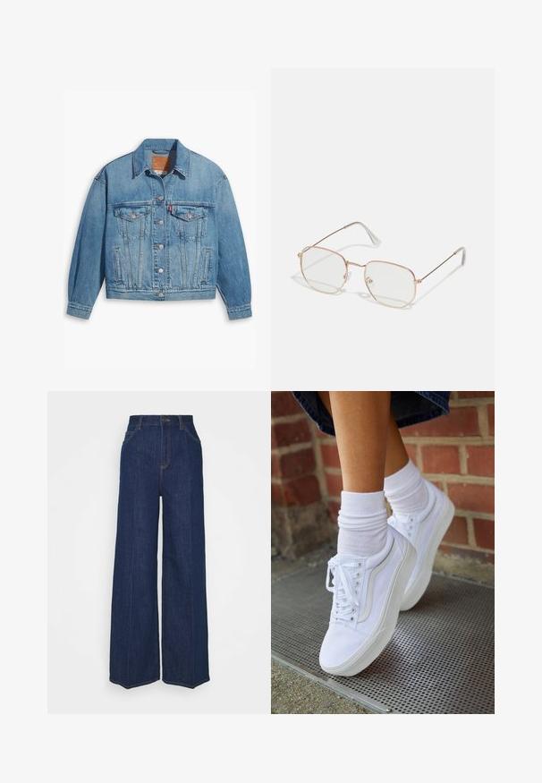 Gaiši zila džinsu jaka ar klasisku dizainu, ar pogu priekšpusi un divām krūšu kabatām. Iespējas iekļauj norādītu apkakli un nedaudz pārāk lielas piedurknes.; Balts krekls ar garām piedurknēm un klasisku apkakli, kas rotāts ar sarkaniem sirdspinumiem, izkaisītiem pa audumu. Pogājamā priekšpuse un aproces ar pogām.; Augstas jostas līmeņa plaša kāju tumši zila džinsu bikses ar priekšējiem un aizmugurējiem kabatām, poga aizdare un redzami šuvju detaļas.; Bāli kanvas sneakeri ar gumijas zole, ar sešām acīm, apaļām purngalām un gaišām šuvēm, kombinēti ar baltām potīšu zeķēm.; Taisnstūra formas briļļu rāmis ar plānu, rozā zelta metāla konstrukciju. Caurspīdīgas lēcas, caurspīdīgas kaina gali un smalkas detaļas ap lēcām.