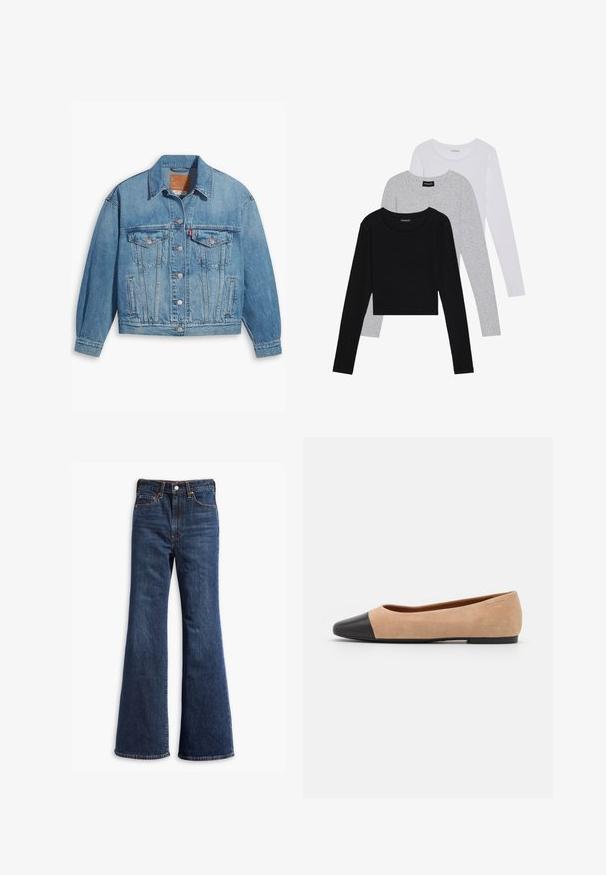 Light blue denim jacket with a classic design, button front, and two chest pockets. Features a pointed collar and slightly oversized sleeves.; Three long-sleeve tops stacked: black, grey, and white. Each has a round neckline and a cropped design with smooth, lightweight fabric.; High-waisted dark blue denim jeans with flared legs, front button and zipper closure, and five-pocket design.; Beige suede ballet flat with a black leather rounded toe cap, low heel, and smooth texture, featuring minimal stitching and a clean design.