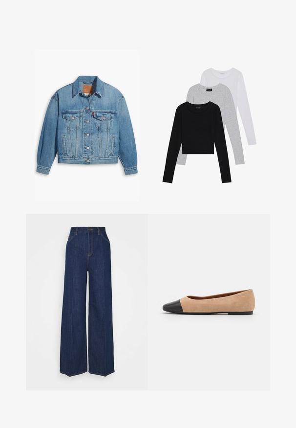 Svijetloplava traper jakna klasičnog dizajna, s gumbima sprijeda i dva džepa na prsima. Ima oštri ovratnik i malo oversize rukave.; Tri dugih rukava posložena: crna, siva i bijela. Svaka ima okrugli izrez i skrateni kroj s glatkom, laganom tkaninom.; Tamno plave traperice s visokim strukom i širokim nogavicama, s prednjim i stražnjim džepovima, zatvaračem na gumb i vidljivim detaljima šivanja.; Bež balerinke od suede materijala s crnim kožnim zaobljenim vrhom, niskom potpeticom i glatkom površinom, s minimalnim šavovima i čistim dizajnom.