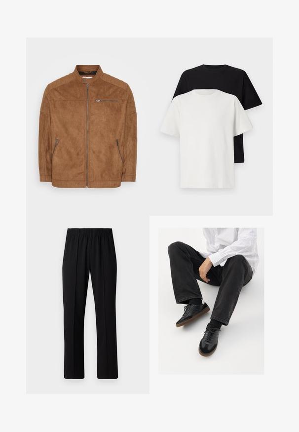 Braune Wildlederjacke mit Stehkragen, Reißverschluss vorne und zwei Seitentaschen. Verfügt über gesteppten Schulterakzent und glatte Textur.; Baumwoll-T-Shirt-Set bestehend aus einem schwarzen Oberteil und einem weißen Oberteil, beide mit kurzen Ärmeln, Rundhalsausschnitt und normaler Passform. Texturiert.; Schwarze, Gummibund-Hosen mit geradem Schnitt, die eine glatte Textur aufweisen und keine sichtbaren Muster oder Beschläge haben.; Schwarze Sneakers mit einer glatten und strukturierten Oberfläche, ausgestattet mit einer Gummisohle und dunklen Schnürsenkeln. Kombiniert mit schwarzen Jeans und einem gestreiften weißen Hemd.