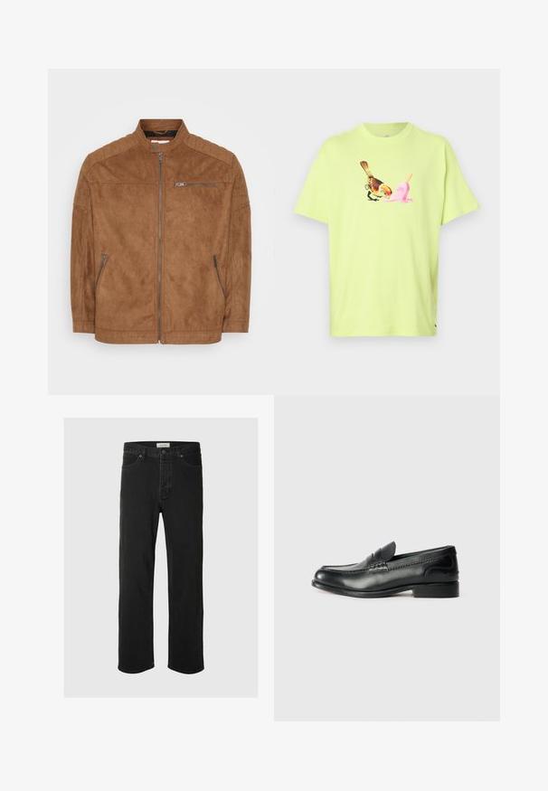 Brun mockakjol med ståkrage, dragkedja fram och två sidofickor. Har kviltade axelaccenter och en slät textur.; Limegrön bomulls T-shirt med en grafik av en fågel och en rosa glasskon, med en enkel rund hals och korta ärmar.; Svarta denimjeans med rak passform har en klassisk femficksdesign med knappstängning, minimal sömnad och en mjuk textur.; Svarta läderloafers med en slät yta, sydda detaljer över foten och en lätt upphöjd klack.