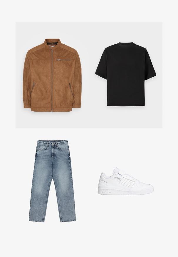 Hnědá semišová bunda se stojáčkem, zipem vpředu a dvěma bočními kapsami. Obsahuje prošívané ramenní detaily a hladkou texturu.; Černé tričko s krátkým rukávem v volném střihu, vyrobené z hladké bavlny, s kulatým výstřihem a minimalistickým designem.; Světle modré džíny z denimu se střihom rovnými nohavicemi, viditelným šitím, designem s pěti kapsami a knoflíkovým zapínáním v pase.; Bílé sportovní tenisky s hladkým koženým svrškem, perforovanou špičkou, třemi pruhovanými akcenty a suchým zipem. Gumová podrážka s detaily značky.