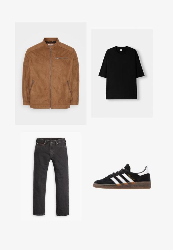 Brown suede jacket with a stand collar, zippered front, and two side pockets. Features quilted shoulder accents and smooth texture.; Black cotton t-shirt with short sleeves, round neck, and a relaxed fit. Smooth texture and minimalistic design, no patterns or accents.; Black straight-leg denim jeans with five pockets, button closure, and copper rivets laid flat on a white background.; Black Adidas sneaker with white stripes, gold "Spezial" text, gum sole, and white heel tab, shown in profile view.