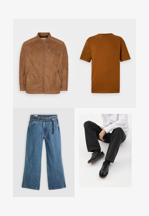 Jachetă din suede maroniu, cu guler în picioare, fermoar pe față și două buzunare laterale. Prezintă accente matlasate la umeri și o textură netedă.; Tricou cu mânecă scurtă din bumbac de culoare portocalie arsă. Prezintă un decolteu tip crew, croială lejeră și o textură netedă, fără modele sau broderii.; Jeans din denim albastru, cu picioare largi, curea atașată, buzunare frontale și cusături vizibile pe un fundal simplu deschis.; Adidași negri cu un model neted și texturat, având o talpă din cauciuc și șireturi închise la culoare. Asortați cu blugi negri și o cămașă albă cu dungi.