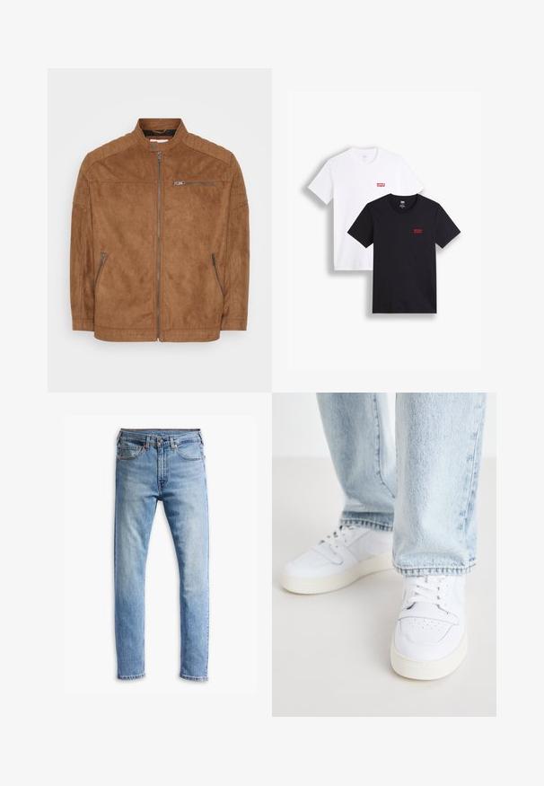 Veste en daim marron avec col montant, fermeture éclair sur le devant et deux poches latérales. Présente des accents matelassés aux épaules et une texture lisse.; Deux t-shirts à manches courtes : un blanc et un noir. Tous deux en coton avec un logo rouge de Levi's sur la poitrine. Design simple à col rond.; Jean en denim bleu clair avec une coupe droite, cinq poches, fermeture à bouton, et une légère décoloration sur le tissu.; Baskets basses en cuir blanc avec un bout perforé, des lacets plats et un design minimaliste. Associées à un jean en denim bleu clair.