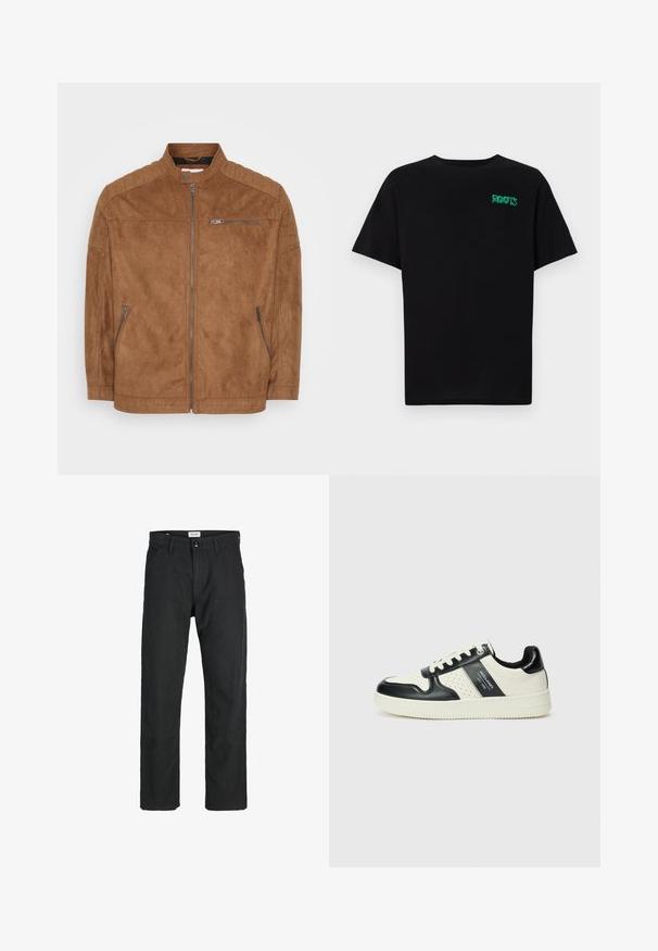 Rudas suedinės striukės su stovinčia apykakle, užtrauktuku priekyje ir dviem šoninėmis kišenėmis. Yra išsiuvinėtos pečių detalės ir lygus paviršius.; Juodas medvilninis marškinėliai trumpomis rankovėmis. Priekyje yra žalias „ROOTS“ logotipas, apvalus iškirpimas ir standartinė prigludimo forma.; Juodi kelniai, pagaminti iš tvirto audinio, su tiesiomis kojomis, siuvinėtomis detalėmis ir dviem priekinėmis kišenėmis funkcionalumui.; Odiniai sportbačiai juodos ir kreminės spalvų schemoje, su perforuotais akcentais, paminkštinta apykakle ir tekstūruotu padu.