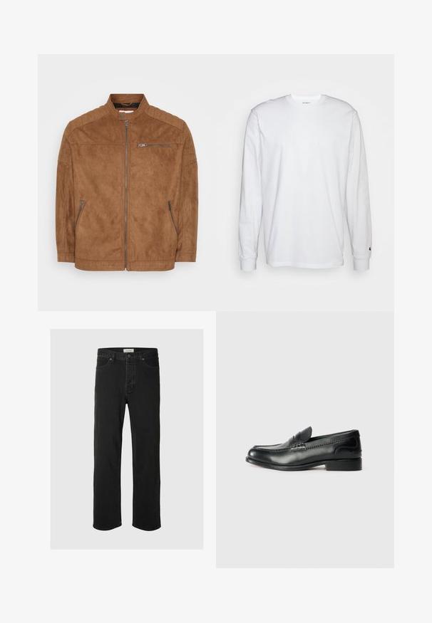 Chaqueta de ante marrón con cuello alto, cierre de cremallera en la parte delantera y dos bolsillos laterales. Presenta detalles acolchados en los hombros y una textura suave.; Camiseta blanca de manga larga hecha de algodón. Diseño de cuello redondo con puños acanalados y un pequeño logo en la manga izquierda. Textura suave.; Los jeans rectos de mezclilla negra presentan un diseño clásico de cinco bolsillos con cierre de botón, costuras mínimas y una textura suave.; Mocasines de cuero negro con un acabado suave, detalles de costura en la parte delantera y un tacón ligeramente elevado.