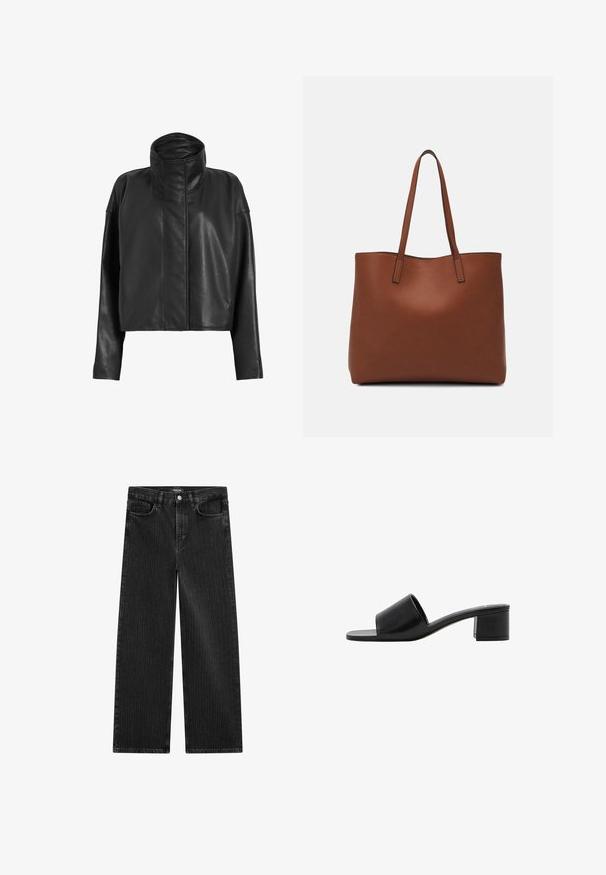 Černá kožená zkrácená bunda s vysokým límcem a rovnými rukávy. Hladká textura, skrytý přední zip a minimální detaily prošití.; Massimo Dutti FLOWING SATIN LONG SLEEVE - Košilová halenka - white denim; Široké černé džínové kalhoty s jemným vertikálním pruhovaným vzorem, s pěti kapsami a klasickým zapínáním na knoflík v pase.; Černé otevřené sandály na klínku z kůže s širokým páskem a pevným blokovým podpatkem. Mají hladkou strukturu a minimalistický design.; Hnědá kožená taška přes rameno s hladkou texturou, otevřeným designem a dvěma ramenními popruhy. Obsahuje minimální švy a žádné viditelné kovové prvky.