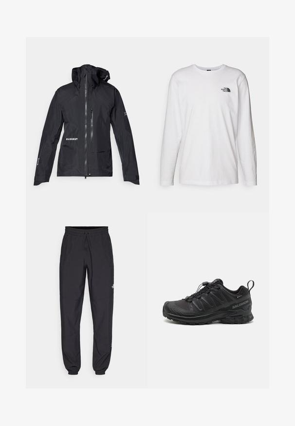 Zwarte waterdichte jas met een rits aan de voorkant, verstelbare capuchon en twee ritszakken. Voorzien van het logo "MAMMUT" op de borst en de mouw.; Witte lange mouwen T-shirt gemaakt van katoen met een ronde hals. Beschikt over een klein zwart logo op de borst. Soepele textuur, normale pasvorm.; Zwarte sportieve broek gemaakt van lichtgewicht stof, met een trekkoord in de taille, zijzakken en taps toelopende boorden bij de enkels.; Zwarte sportieve schoen met een gestructureerde synthetische bovenkant, een gevoerde zool en een snelvetersysteem. Heeft een verstevigde neus en hiel.