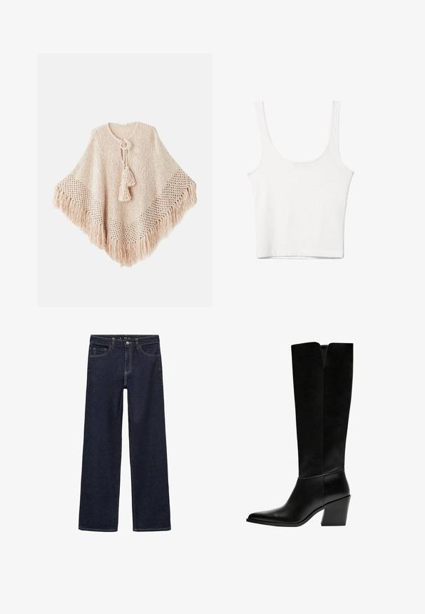 Pletena pončoska v nežno roza barvi z okroglim ovratnikom, dekorativnimi resicami, odprto pletenjem ob robovih in frufi na robu.; Bela bombažna majica brez rokavov s kroglasto izrezom in prilegajočim krojem. Gladka tekstura, enostavna zasnova in minimalne šivanske podrobnosti.; Temne oprane jeans hlače z sproščenim krojem. Imajo visok pas, pet žepov in kontrastno šivanje. Naravnan kroj nog, brez okrasnih elementov.; Črne gležnjarje do kolen iz gladkega usnja, z ostrim nosom, blokinim peto in V-oblikovanim izrezom na vrhu.