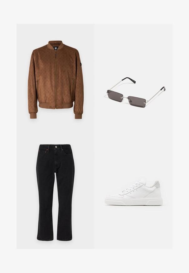 Braune Bomberjacke mit strukturiertem Muster, Reißverschluss vorn, gerippten Bündchen und Saum sowie seitlichen Reißverschlusstaschen. Mit einem Logopatch am Ärmel.; Weißes Baumwoll-T-Shirt mit kurzen Ärmeln, Rundhalsausschnitt und einem roten grafischen Text "LECKERER ERFRISCHENDER FRUCHT" auf der Vorderseite.; Schwarze Jeans aus Denim mit geradem Bein, Fünf-Taschen-Design und metallischen Elementen mit Kupferakzenten. Glatte Textur und mittelhoher Bund.; Weiße Leder-Sneaker mit glatter Oberfläche, rundem Zehenbereich, flachen Schnürsenkeln und strukturiertem Schuhsohlen. Graues Wildleder-Detail an der Ferse.; Sonnenbrille mit rechteckigen, dunkelgrauen Gläsern, silbernen Metallrahmen und schwarzen Kunststoffenden an den Bügeln. Leichtes Design mit Nasenpads.