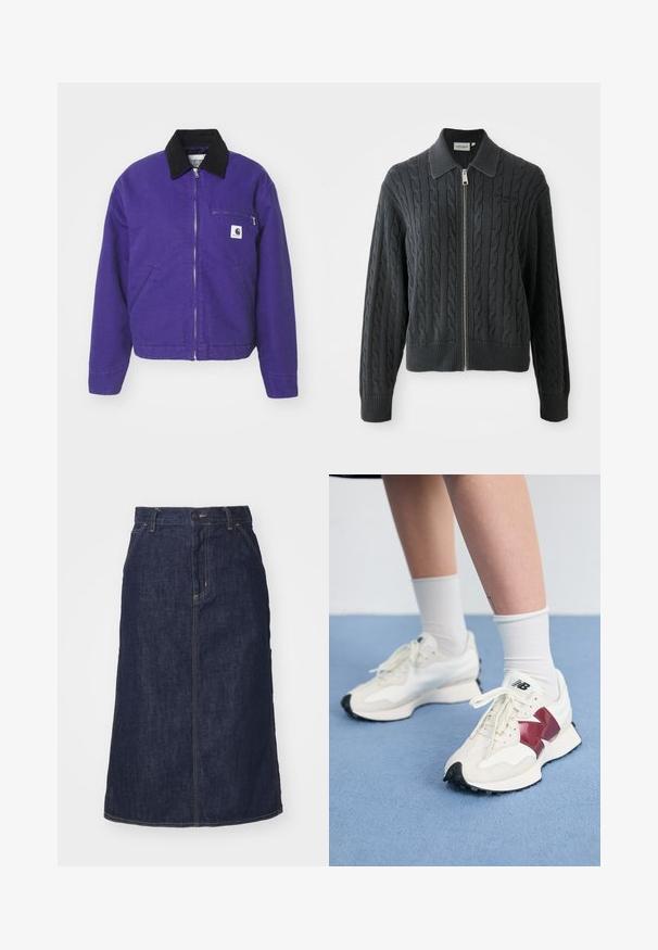 Carhartt WIP DETROIT JACKET - Übergangsjacke - aura/black; Dunkelgrauer Reißverschluss-Pullover mit einem Zopfmuster, kragenförmigem Design und gerippten Bündchen und Saum. Verfügt über einen silbernen Reißverschluss.; Schwarzes, ärmelloses Tanktop aus geripptem Stoff, mit rundem Halsausschnitt und kleinem Logo auf der Vorderseite. Einfaches, figurschmeichelndes Design.; Dunkelblaue Jeansrock mit hoher Taille, geradem Schnitt, aufgesetzten Taschen und genähten Nähten. Mit einem Reißverschluss und einem Knopfverschluss an der Taille.; Ein Paar weiße Sneakers mit kastanienbraunen Akzenten, strukturierten Paneelen, flacher schwarzer Außensohle und hellen Schnürsenkeln, getragen mit weißen Knöchelsocken.