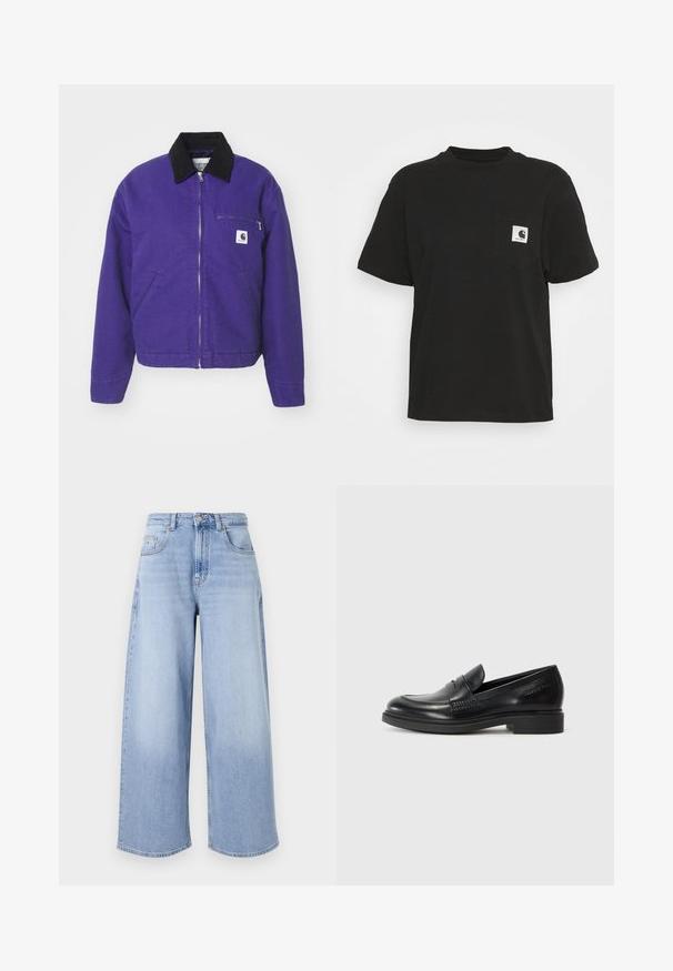 Carhartt WIP DETROIT JACKET - Lahka jakna - aura/black; Črna bombažna majica s kratkimi rokavi, okroglo izrezana, z sprednjim žepom, ki ima kvadratno belo-črno logotip.; Svetlo modri široki jeans narejeni iz denima. Imajo visok pas, pet žepov in gumbasto zapiranje. Neobdelani robovi na hlačnicah.; Črne usnjene loferke za moške z zaobljenim nosom, šivano obdelavo in nizko blokasto peto. Gladka tekstura brez vidnih vzorcev ali dodatkov.