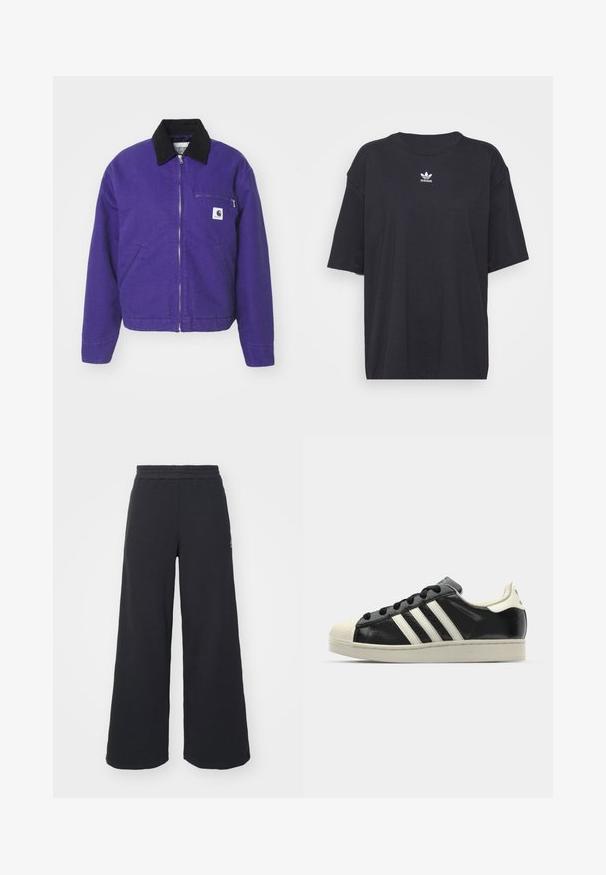 Carhartt WIP DETROIT JACKET - Välikausitakki - aura/black; Musta puuvillapaita lyhyillä hihoilla, pyöreä pääntie, jossa on valkoinen Adidas-logo rinnassa. Yksinkertainen muotoilu, rento istuvuus.; Mustat leveät collegehousut, jotka on valmistettu pehmeästä kankaasta. Niissä on elastinen vyötärö ja pieni logo vasemmalla puolella.; Musta nahkasneakeri, jossa on valkoiset raidat, kuminen varvassuoja, mustat nauhat ja kermaisa ulkopohja. Suora pinta ja kiiltävä viimeistely.