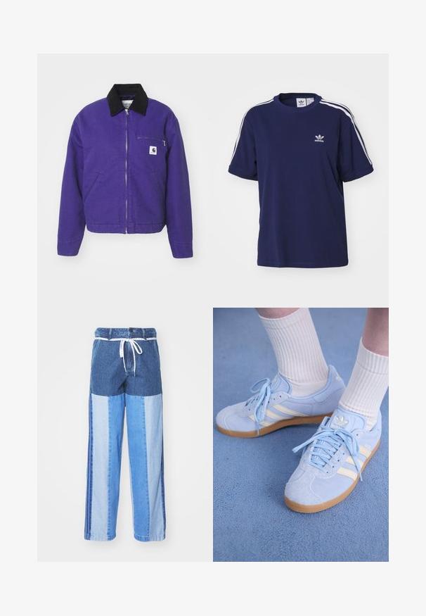 Carhartt WIP DETROIT JACKET - Mezisezónní bunda - aura/black; adidas Originals 3 STRIPE - Triko s potiskem - dark blue; Modré džíny s patchworkovým vzorem v různých odstínech modré, šňůrkovým pasem a volnými, rovnými nohavicemi.; Světlomodré semišové tenisky s bílými pruhy, plochými šňůrkami a gumovou podrážkou. Na nohou jsou žebrované bílé ponožky nad kotník.