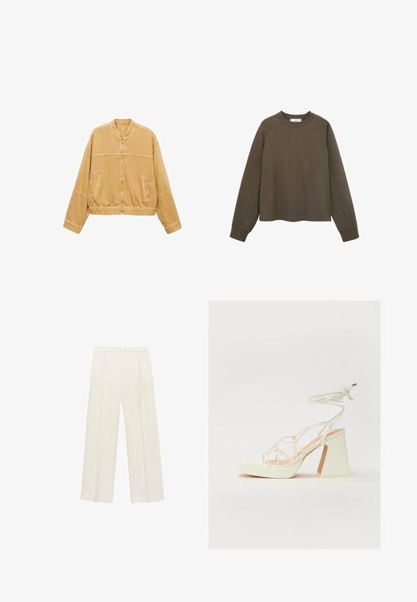 Jachetă cu fermoar de culoare maro deschis, cu guler înalt, mâneci lungi, două buzunare frontale și talie elastică.; Pulover de culoare verde măslin cu decolteu rotund, mâneci raglan și margine scurtă. Fabricat dintr-un material moale cu o textură netedă.; Pantaloni cu picioare largi, de culoare crem deschis. Realizați dintr-un material neted, cu plisuri în față și buzunare laterale.; Sandale albe cu toc înalt și gros, cu un design cu curele și legătură la gleznă. Textură netedă, cu o platformă frontală pentru înălțime suplimentară.