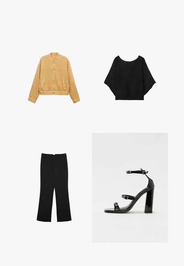 Svetlo hnedá zipsová bunda s vysokým golierom, dlhými rukávmi, dvoma prednými klokaními vreckami a elastickým pásom.; Čierny pletený top so širokými rukávmi, s okrúhlym výstrihom a voľným strihom. Tkanina má pruhovanú textúru, bez zapínania alebo vzorov.; Čierne nohavice so strihom rovného strihu, s prednými vreckami a bočnými rozparkami na leme. Vyrobené z mäkkej, hladkej tkaniny. Vhodné na rôzne príležitosti.; Čierne lakované sandále na podpätku so štvorcovou špičkou, navlečenými remienkami okolo členku a striebornými prackami. Disponujú masívnym blokovým podpätkom pre stabilitu.