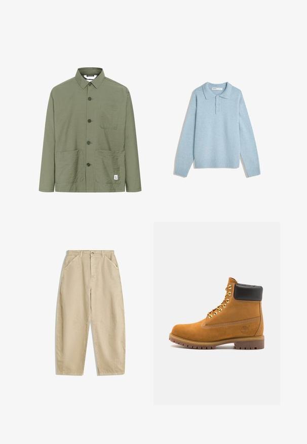 Olijfgroene button-up shirt met een kraag, twee voorzakken en een label aan de zoom. Lichtgewicht, gestructureerde stof en rechte snit.; Lichtblauwe gebreide trui met een kraaghalslijn, sluiting met drie knopen en geribbelde manchetten en zoom. Zachte textuur en relaxte pasvorm.; Brede beige katoenen broek met een hoge taille, voorzien van voorzakken en een sluiting met een knoop aan de voorkant. Soepele textuur met nette naden.; Tan suède enkelboot met zwart gevoerd kraagje, gouden metalen oogjes, witte stikdetails en een robuuste rubberen zool met uitgesproken profiel.