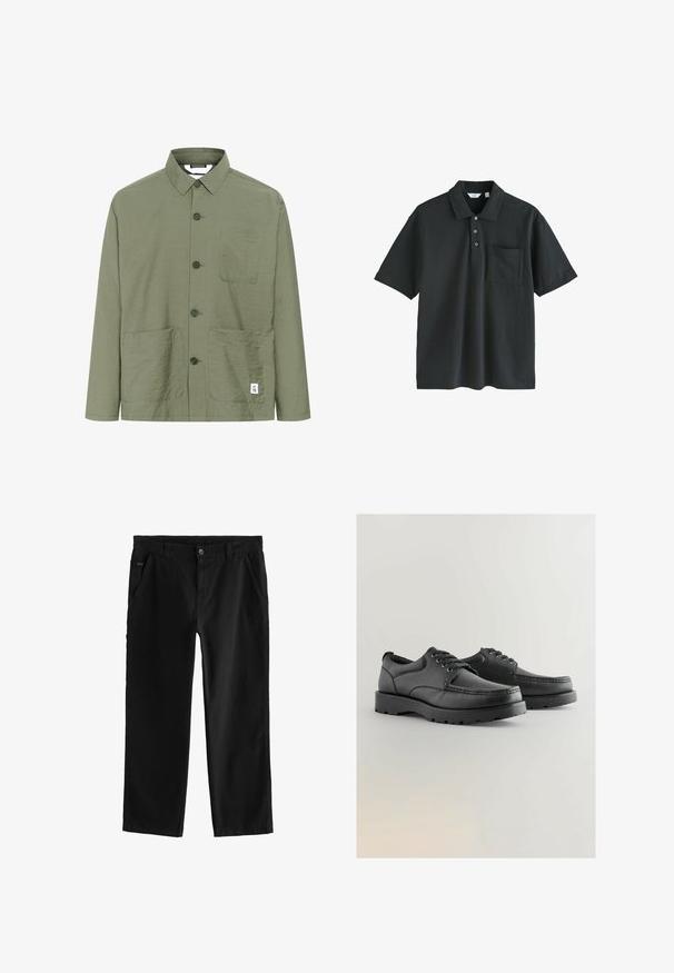 Oliven grøn skjorte med knaplukning og krave, to forlommer og et mærke i kanten. Letvægts, tekstureret stof og lige skåret.; Sort polo shirt lavet af bomuld, med krave, tre knaplukninger, korte ærmer og en brystlomme.; Sorte bomuldsbukser med lige ben-design, der har en frontknaplukning, skrå sidelommer og subtile sydetaljer.; Sorte lædersko med struktureret overdel, rund tå, snørebåndsdesign og tykke gummisåler med et slidbanemønster.