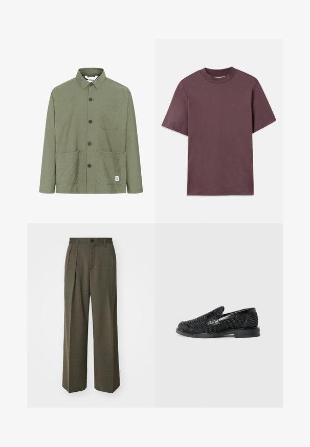 Olivinės spalvos marškiniai su apykakle, dviem priekinėmis kišenėmis ir etiketėmis ant apačios. Lengvas, textūruotas audinys, tiesus kirpimas.; Trumpas rankovėmis, apvaliu kaklu marškinėliai tamsiai purpuru, pagaminti iš minkštos medvilnės. Priekyje yra minimalus prekės ženklas, panašios spalvos.; Filippa K WIDE TROUSERS - Kelnės - driftwood; Juodas pintas slip-on tipo batelis su lygiu odiniu akcentu viršuje, apvalios nosies dizainas ir žemas guminis padas.