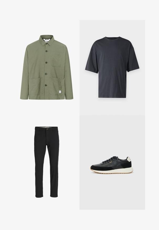 Maslinasto zelena košulja s dugim rukavima, s ovratnikom, dva prednja džepa i oznakom na rubu. Lagani, teksturirani materijal i ravni kroj.; Tamno siva kratka majica s kratkim rukavima, izrađena od laganog pamuka, s opuštenim krojem i klasičnim okruglim izrezom, bez uzoraka i teksta.; Crne hlače od pamuka sa slim fit krojem, s kopčanjem na dugme, džepovima i zavrnutim rukavima za ležeran izgled.; Crne tenisice s kombinacijom teksturirane kože i antilopa, bijelim međuslojem i potplatom od gume smeđe boje. Pertle u odgovarajućoj crnoj boji.
