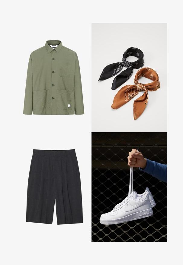 Zeleno-oljčna srajca s kratkimi rokavi in ovratnikom, z dvema sprednjima žepoma in oznako na robu. Lahek, strukturiran material in ravno krojen.; Pak petih črnih majic s kratkimi rokavi in ovratnikom v obliki črke crew. Iz bombažne tkanine, standardni kroj. Gladka tekstura brez vidnih vzorcev ali okraskov.; Temno sivi nabrani kratki hlače iz teksturirane tkanine, z elastičnim pasom in ravnim krojem, brez vidnih žepov ali detajlov.; Bela usnjena športna obutev s perforacijami, okroglo konico, ravnim podplatom in debelimi vezalkami, z vidnim logotipom smoosh in napisom "AIR" na peti.; Dva šala z vzorcem: en je črn z belimi vzorci, drugi pa rjav z oranžnimi detajli. Oba sta iz satena in imata konice.; Črn platneno torba z strukturiranim, quilted vzorcem. Okrogla oblika, kratki, debeli ročaji in mehak, fleksibilen konstrukt.