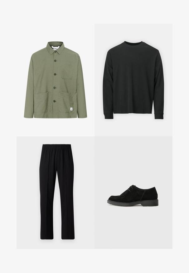 Olive green button-up shirt with a collared neckline, two front pockets, and a tag on the hem. Lightweight, textured fabric, and straight cut.; Long-sleeve black T-shirt made of cotton, featuring a round neckline, loose fit, and ribbed cuffs. Smooth texture with no visible patterns.; Black, elastic-waist trousers with a straight-leg design, featuring a smooth texture and no visible patterns or hardware.; Black suede dress shoe with a rounded toe, contrasting stitching, and a rubber sole. Features minimal lacing and a smooth upper design.