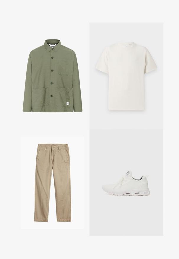 Oliven grøn skjorte med knaplukning og krave, to forlommer og et mærke i kanten. Letvægts, tekstureret stof og lige skåret.; Hvid kortærmet T-shirt i ribbet tekstur. Rund halsudskæring, løs pasform, ingen synlige mønstre eller accenter. Enkel og alsidig design.; Beige lige ben chinos med bæltestropper, frontknap og lynlås lukning samt skrå frontlommer.; Hvide atletiske sko med en tekstureret strikket overdel, flade snørebånd og en polstret sål med synlige luftkamre for ekstra støtte.