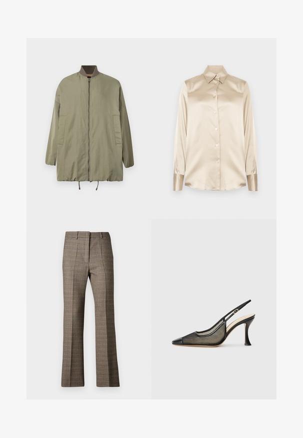 Olive green bomber jacket with a zip front, ribbed collar, and two side pockets. Features a relaxed fit and smooth, lightweight fabric.; Beige satin shirt with a pointed collar, full-length sleeves, button closure, and cuffs in a slightly glossier finish. No patterns or accents.; Brown plaid trousers with a straight leg cut, featuring a textured fabric and subtle colors of beige and darker browns throughout the pattern.; Black slingback high-heeled shoe featuring a pointed toe, mesh detailing, and a smooth leather cap. Colors include black and beige accents.