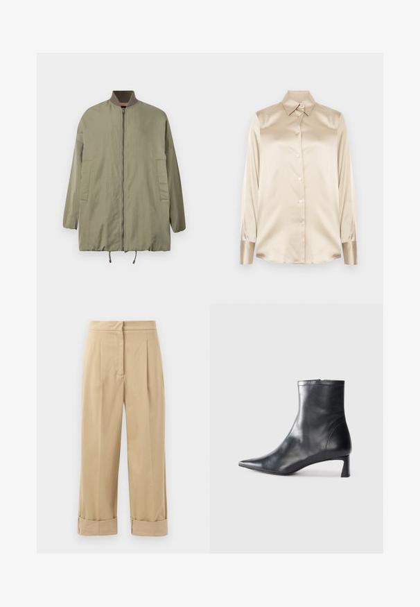 Olive green bomber jacket with a zip front, ribbed collar, and two side pockets. Features a relaxed fit and smooth, lightweight fabric.; Beige satin shirt with a pointed collar, full-length sleeves, button closure, and cuffs in a slightly glossier finish. No patterns or accents.; Beige, wide-leg trousers with two front pleats, rolled cuffs, and a smooth texture. Made of lightweight fabric, offering a relaxed fit.; Black leather ankle boot with a pointed toe and a sleek design. Features a low heel and a zipper closure at the back. Smooth texture.
