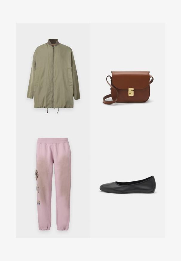 Olive green bomber jacket with a zip front, ribbed collar, and two side pockets. Features a relaxed fit and smooth, lightweight fabric.; White short-sleeve t-shirt made of ribbed fabric. Round neckline, regular fit, and subtle stitching details. No patterns or graphics.; Pink sweatpants with an elastic waistband, featuring decorative patches in diamond shapes on the left side and elastic cuffs at the ankles.; Black leather ballet flat with a rounded toe, smooth texture, minimal stitching detail, and a flexible sole design.; Brown leather handbag with a flap closure, gold-tone hardware, a shoulder strap, and a smooth texture. Compact rectangular shape.