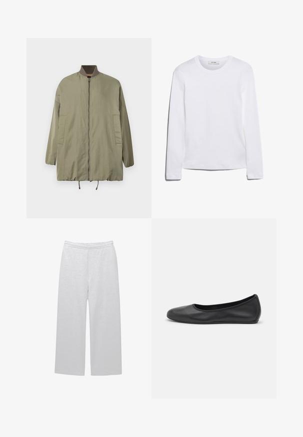 Olive zielona kurtka bomberka z zamkiem z przodu, prążkowanym kołnierzem i dwoma bocznymi kieszeniami. Posiada luźny krój oraz gładki, lekki materiał.; Biała koszulka z długim rękawem wykonana z prążkowanej bawełny, z okrągłym dekoltem i prostym dołem. Prosty design bez wzorów i akcentów.; Białe spodnie szerokie w nogawkach, wykonane z miękkiego materiału z elastycznym paskiem w talii i dwiema bocznymi kieszeniami; gładka tekstura i minimalne detale.; Czarne skórzane baletki z zaokrąglonym noskiem, gładką fakturą, minimalnymi przeszyciami i elastycznym designem podeszwy.