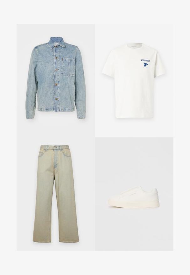 Heledsinine denim-jakk klassikalise kraega, eesnuppudega ja rinna taskuga. Omab lõdva istuvust ja nähtavaid õmbluse detaile.; Valge puuvillane T-särk, millel on vasakul rinnal sinine Wrangler logo ja pulli graafika. Lühikesed varrukad ja ümar kaelus.; Heledad sinine laiad teksad, mis on valmistatud fliisist ja millel on pleekinud viimistlus. Omab viit taskut ja esist nuppude sulgemist.; Valged libisemiskindlad tossud tekstuuriga pinnaga, paksu tallaga ja minimalistikus disainis. Küljel on brändi logo.