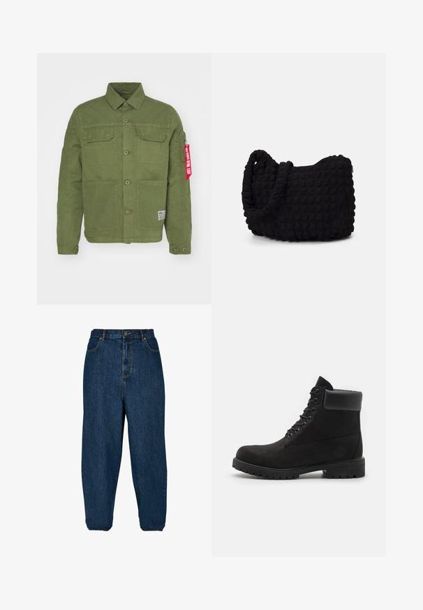 Jachetă verde din bumbac cu două buzunare frontale, închidere cu nasturi și o etichetă din material roșu pe mânecă. Prezintă un guler și detalii pe umeri.; Pachet de cinci tricouri negre cu guler rotund. Mâneci scurte, material din bumbac, croială standard. Textură netedă fără modele sau embellishments vizibile.; Jeans din denim de culoare albastră închisă, cu o croială relaxată, talie înaltă și manșete elastice. Dispune de o închidere prin buton în față și cinci buzunare.; Cizmă neagră cu șireturi, până la glezne, cu guler căptușit și talpă robustă, prezentată din profil pe un fundal alb.; Geantă dintr-un material textil negru, cu un model texturat și matlasat. Formă rotundă, mânere scurte și groase, și o structură moale, flexibilă.