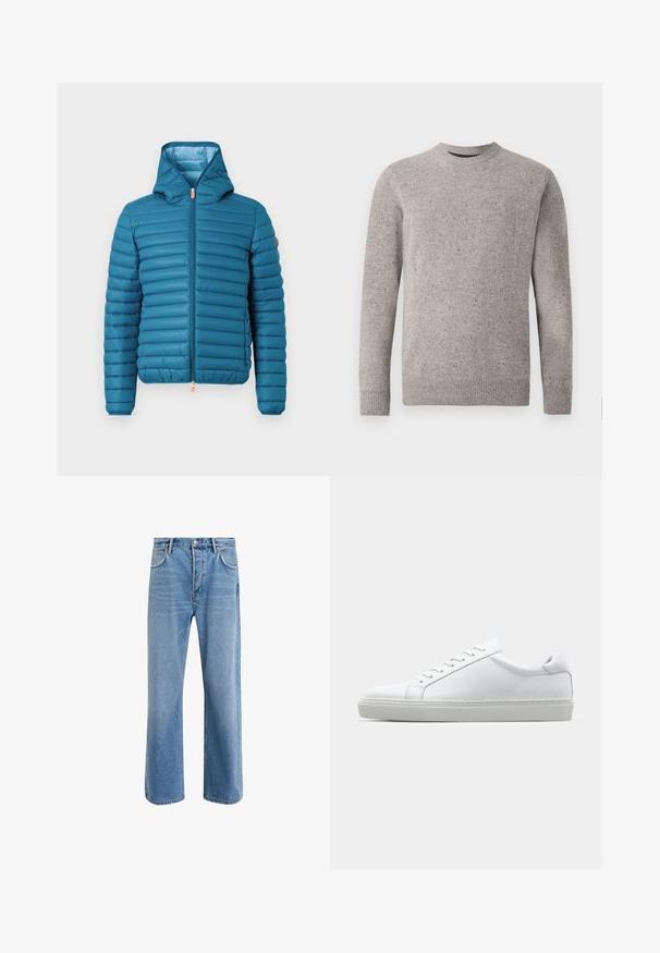 Teal puffer jacket with a hood, horizontal quilted design, full zip closure, and an adjustable hem. Features a tan accent on the shoulder.; Light gray knitted sweater with a crew neckline, long sleeves, and ribbed cuffs and hem. Textured pattern with flecks of color.; Light blue denim jeans with a straight-leg design, five pockets, button closure, minimal fading, and contrasting stitching details.; White sneaker with a smooth leather upper and a low profile. Features a rounded toe, six eyelets, and a textured rubber sole.