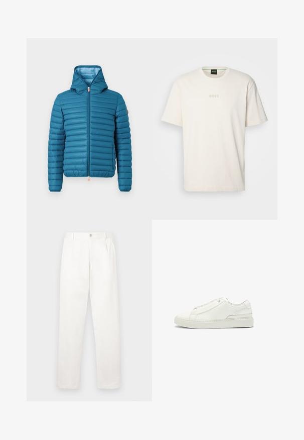 Teal puffer jacket with a hood, horizontal quilted design, full zip closure, and an adjustable hem. Features a tan accent on the shoulder.; BOSS TEE - Basic T-shirt - open white; White trousers made from smooth fabric, featuring a straight leg design, front pleats, and a single button closure at the waist.; White leather sneaker featuring a textured upper, a round toe, minimalistic design, and a rubber sole with stitched detailing.