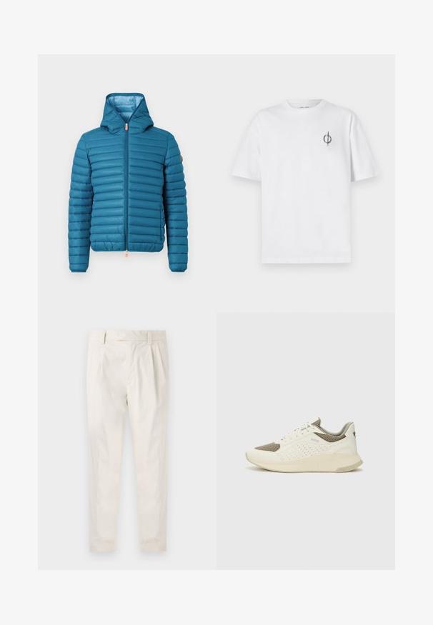 Türkiz színű pufi dzseki kapucnival, vízszintes tűzött kialakítással, teljes cipzárral és állítható aljjal. Jellemzője egy homokszínű akcentus a válltájékon.; Fehér pamut póló laza szabással, kis fekete grafikai logóval a bal mellen. Rövid ujjak, kerek nyakkivágás.; Fehér, pliszírozott nadrág, testre szabott szabással, sima felülettel, övhurkokkal és karcsú lábszárral. Nincs látható zseb vagy minta.; Fehér és világos bézs sportcipő, légies hálós felsőrésszel, perforált részletekkel és texturált középtalppal, amelyen a saroknál a márka logója található.