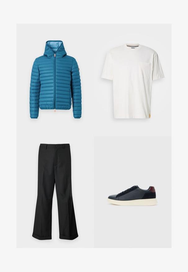 Türkiz színű pufi dzseki kapucnival, vízszintes tűzött kialakítással, teljes cipzárral és állítható aljjal. Jellemzője egy homokszínű akcentus a válltájékon.; Fehér pamut póló kerek nyakkal, rövid ujjakkal és bal oldali mellzsebbel. Oldalvarrásán található egy kis logós cimke.; Fekete, bő szárú nadrág gombos derékkal és felhajtott szegélyekkel, sima fehér háttér előtt bemutatva.; Fekete bőr és velúr alacsony szárú férfi sneaker, bordó sarokpanellel és fehér gumi talppal, oldalnézetből.