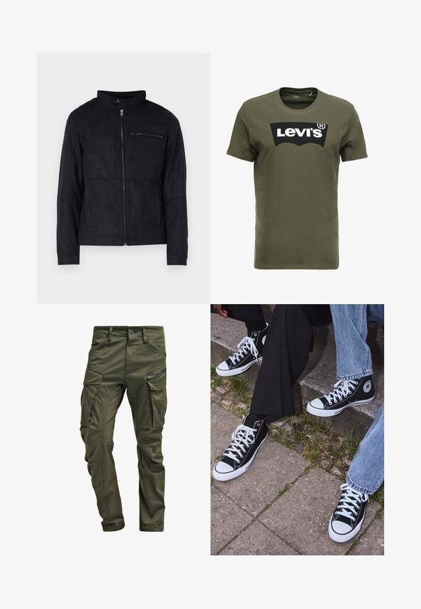 Juodas švarkas, pagamintas iš zomšos primenančios medžiagos, su stovinčiu apykakle, priekiniais užtrauktukais ir užtrauktuku užsegama krūtine. Paprastas dizainas su pritaikytu siluetu.; Olive spalvos medvilnės marškinėliai su dideliu juodu „Levi's“ logotipu priekyje. Klasikinis apvalus kaklas ir trumpi rankovės, glotni tekstūra.; Olive spalvos cargo kelnės, pagamintos iš tvirto medvilnės. Yra keletas kišenių, šonu užtraukiama kišenė ir siaurėjančios kojos su šiek tiek tekstūruotu paviršiumi.; Juoda aukšta avalynė iš kanvos su baltais guminiais padais ir raišteliais, su apvaliu logotipu šone, derinama su džinsais ir juodomis kelnėmis.