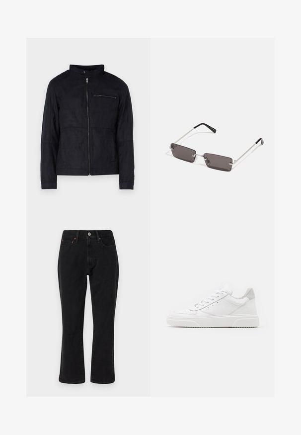 Černá bunda vyrobená z materiálu podobného semiši, s vysokým límcem, předním zipem a zipovou kapsou na hrudi. Jednoduchý design s přesným střihem.; Bílý bavlněný tričko s krátkým rukávem a kulatým výstřihem, na přední straně s červeným grafickým textem "VYNIKAJÍCÍ OSVĚŽUJÍCÍ OVOCNÝ".; Černé džíny z denimu s rovnými nohavicemi, pěti kapsami a kovovými doplňky s měděnými akcenty. Hladká textura a střední pas.; Bílé kožené tenisky s hladkým povrchem, zaoblenou špičkou, plochými tkaničkami a texturovanou podrážkou. Šedý semišový detail na patě.; Sluneční brýle s obdélníkovými tmavě šedými skly, stříbrnými kovovými rámy a černými plastovými konci na nožičkách. Lehké provedení s podložkami na nos.