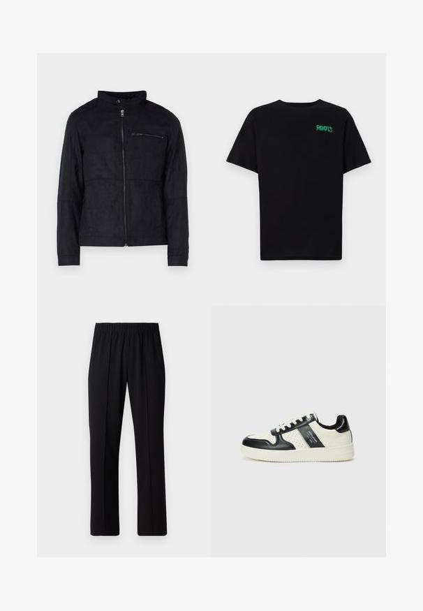 Musta takki, joka on valmistettu samettimaisesta materiaalista, jossa on pystykaulus, etuvetoketju ja vetoketjullinen rintatasku. Yksinkertainen muotoilu ja istuva leikkaus.; Mustat t-paidat, jotka on valmistettu puuvillasta ja joissa on lyhyet hihat. Edessä vihreä "ROOTS"-logo, pyöreä kaula-aukko ja normaali istuvuus.; Mustat, joustavat vyötäröhousut suoralla lahkeella, joissa on sileä pinta ilman näkyviä kuvioita tai metalliosia.; Nahkakengät musta-kerma värimaailmassa, joissa on rei'itetyt yksityiskohdat, pehmustettu nilkkaosa ja teksturoitu pohja.