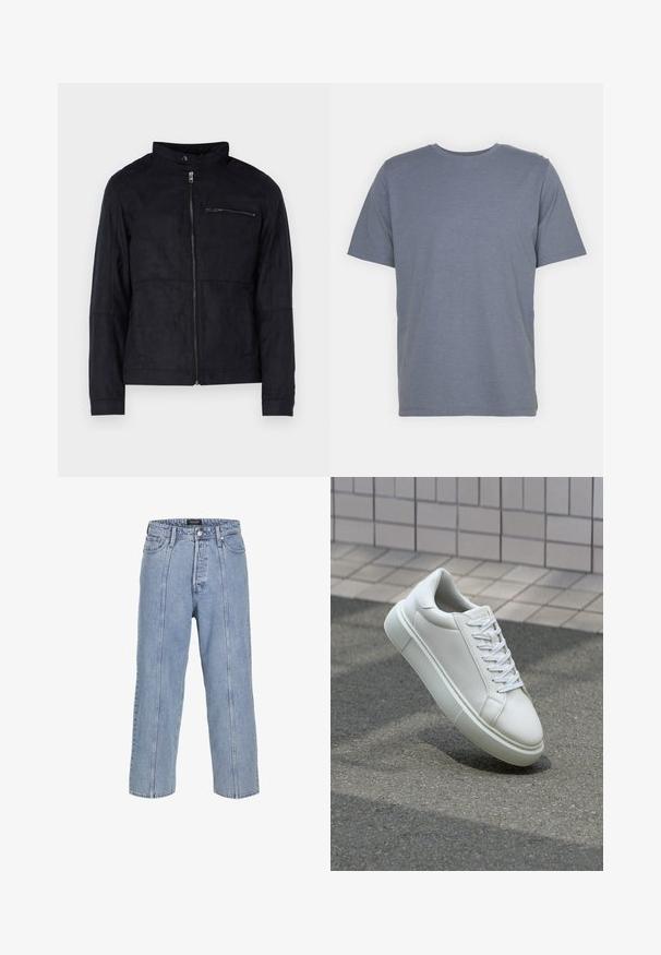 Juodas švarkas, pagamintas iš zomšos primenančios medžiagos, su stovinčiu apykakle, priekiniais užtrauktukais ir užtrauktuku užsegama krūtine. Paprastas dizainas su pritaikytu siluetu.; Pilkas trumpas rankovėmis marškinėliai su apvaliu kaklu, pagaminti iš švelnaus medvilnės mišinio. Paprastas dizainas, be raštų ar akcentų.; Šviesiai mėlynos džinsinės kelnės su laisvu siluetu, plačiomis kojomis ir matomomis siuvimo detalėmis. Turi mygtuką ir užtrauktuką, taip pat penkias kišenes.; Balti odiniai sportbačiai su lygiu paviršiumi, apvalia nosimi ir plokščiomis baltomis raištelėmis. Yra tekstūruotas gumos padas ir minimalizmas dizaino elementuose.