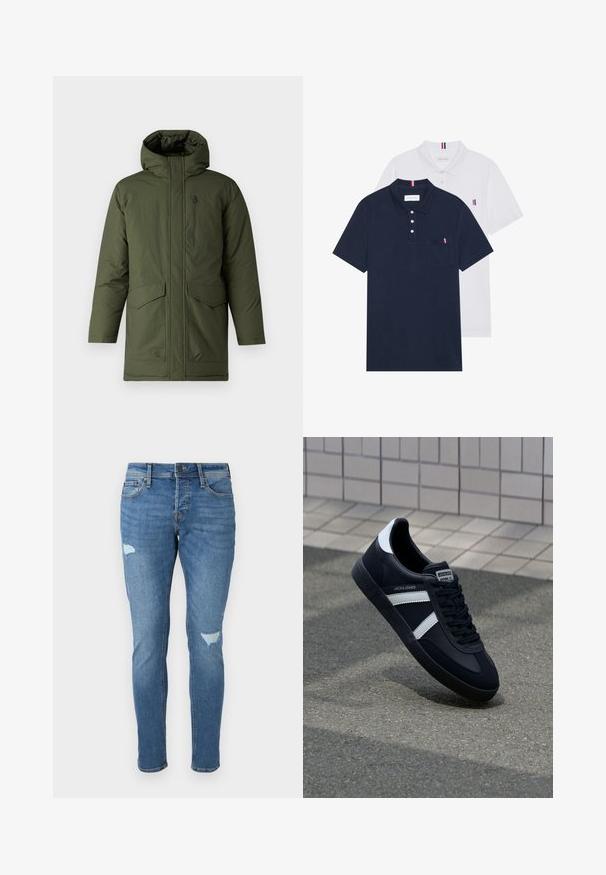 Only & Sons GLOBAL - Téli kabát - olive night; Két pólóing: az egyik sötétkék, a másik fehér, mindkettőn kicsi piros, fehér és kék díszítés található a mellzsebből és a galléron.; Fakó kék farmernadrág, slim fit szabással, térdnél kopott területekkel, gombos záródással és öt zsebbel.; Fekete bőr sportcipő fehér csíkokkal, textúrált gumitalppal és fűzős elejével. A nyelvén márkás címke található.
