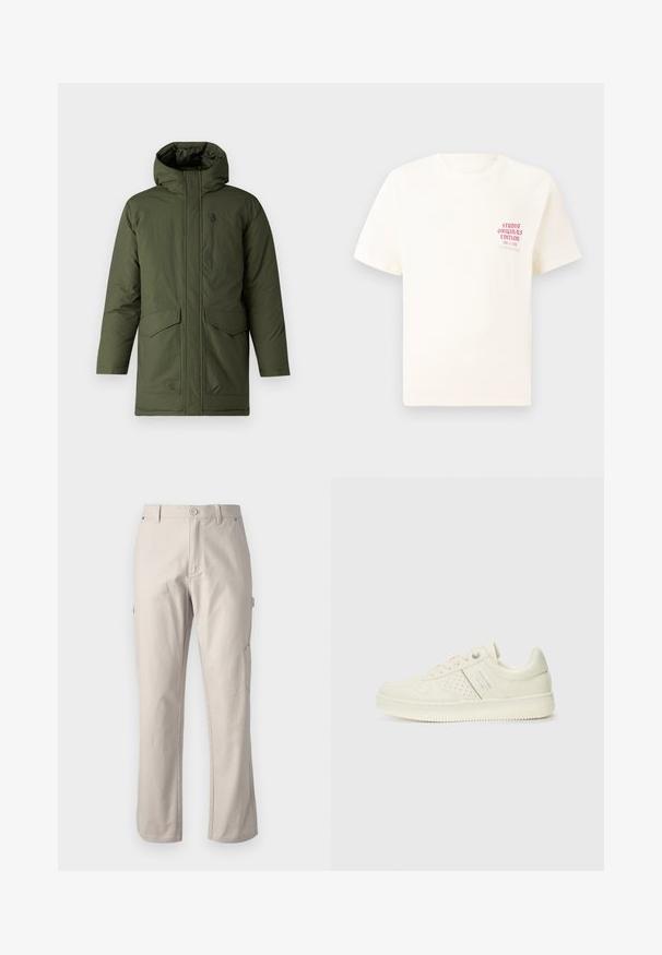 Only & Sons GLOBAL - Abrigo de invierno - olive night; Camiseta blanca de manga corta con el texto rojo "Edición de Studio Originals" en el lado izquierdo del pecho, exhibida sobre un fondo gris neutro.; Pantalones de cargo beige hechos de algodón resistente con piernas rectas, cierre frontal con botón y bolsillos laterales para mayor utilidad. Textura suave con costuras sutiles.; Zapatilla color crema con detalles perforados, cordones y logotipo en el lateral, exhibida sobre un fondo blanco liso.