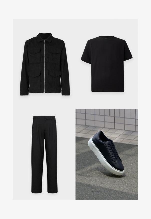 Črna jakna iz mehkega materiala z zadrgo spredaj, ki ima dve veliki žepni žepki na prsih in ovratnik.; Črna kratka majica s kratkimi rokavi, izdelana iz teksturirane tkanine, z okroglim izrezom in sproščenim krojem. Preprosta, brez vzorcev ali dodatkov.; Črne hlače iz gladkega materiala, s krojem ravne noge, dvema sprednjima pregiboma in standardnim pasom z zankami za pas.; Črne usnjene superge z zaobljenim prstom in belim gumijastim podplat. Imajo ravne vezalke in minimalno šivanje na zgornjem delu. Teksturirani podplat za oprijem.