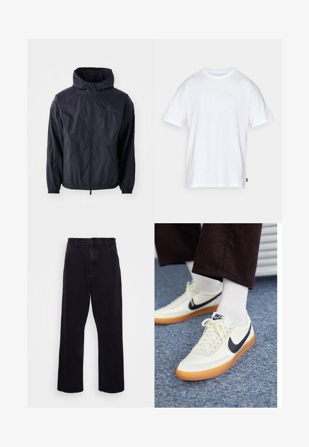 Svart vindjacka med huva, med hel dragkedja, elastiska ärmslut och sidofickor. Texturerad tyg med geometriska sömmar.; Vit bomull t-shirt med korta ärmar och rund hals. Har en liten, diskret Nike-logotyp på bröstet och en sidetikett.; Svarta denimbyxor med rak ben-design, med knapp- och dragkedjestängning, bältesöglor och minimala sömdetaljer.; Nike-sneakers i vitt läder med en marinblå swoosh, med en sula i gummigummi och vita snören, kombinerat med vita strumpor och mörka manchesterbyxor.