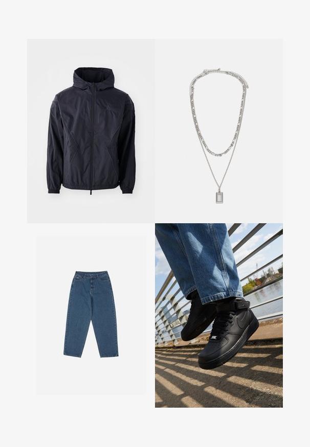 Jachetă neagră cu glugă, cu închidere completă cu fermoar, manșete elastice și buzunare laterale. Material texturat cu cusături geometrice.; Cămașă neagră cu manșete lungi, din bumbac, cu guler rotund și croială dreaptă, având un mic detaliu cu logo pe manșetă.; Jeans din denim albastru cu o croială relaxată, talie înaltă, design cu cinci buzunare și accente cusute. Dispune de un sistem de închidere cu buton și fermoar.; Adidași Nike Air Force 1 negri, cu superior din piele, limbă din plasă și talpă din cauciuc, având un design de tip high-top și șireturi groase.; Colier argintiu cu două lanțuri suprapuse; prezintă un pandantiv dreptunghiular cu o suprafață netedă, evidențiind un finisaj din metal polisat.