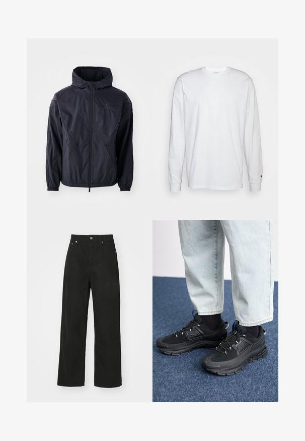 Jachetă neagră cu glugă, cu închidere completă cu fermoar, manșete elastice și buzunare laterale. Material texturat cu cusături geometrice.; Tricou alb cu mâneci lungi, din bumbac. Design cu guler rotund, cu manșete ribbate și un logo mic pe mâneca stângă. Textură netedă.; Pantaloni din denim negru cu un design drept, având cinci buzunare, închidere cu nasture și un brâu clasic. Textură netedă.; Pantofi sport negri, cu țesătură texturată și tălpi din cauciuc, având șireturi elastice și un accent albastru pe toc. Purtați cu pantaloni din denim deschis.